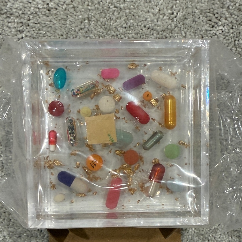 Stephanie Roberts  4x4” Clear Lucite Catchall Tray, gold leaf and pill